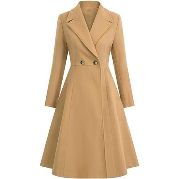 Women's Long Wool Trench Coat Winter Warm Khaki